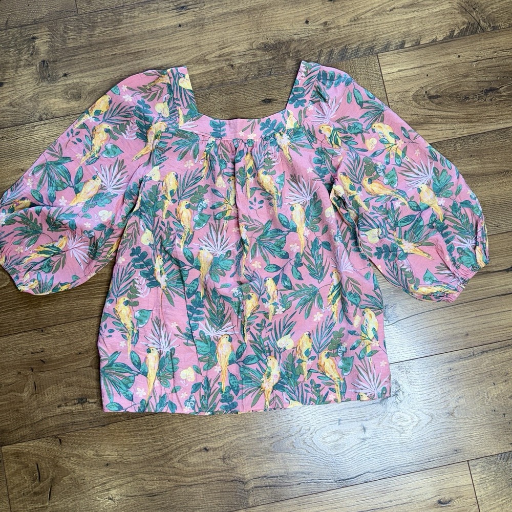 Lauren Conrad Pink‎ Parrot  Blouse Boho Tropical Puff Sleeve Top Shirt Womens S - Picture 5 of 5